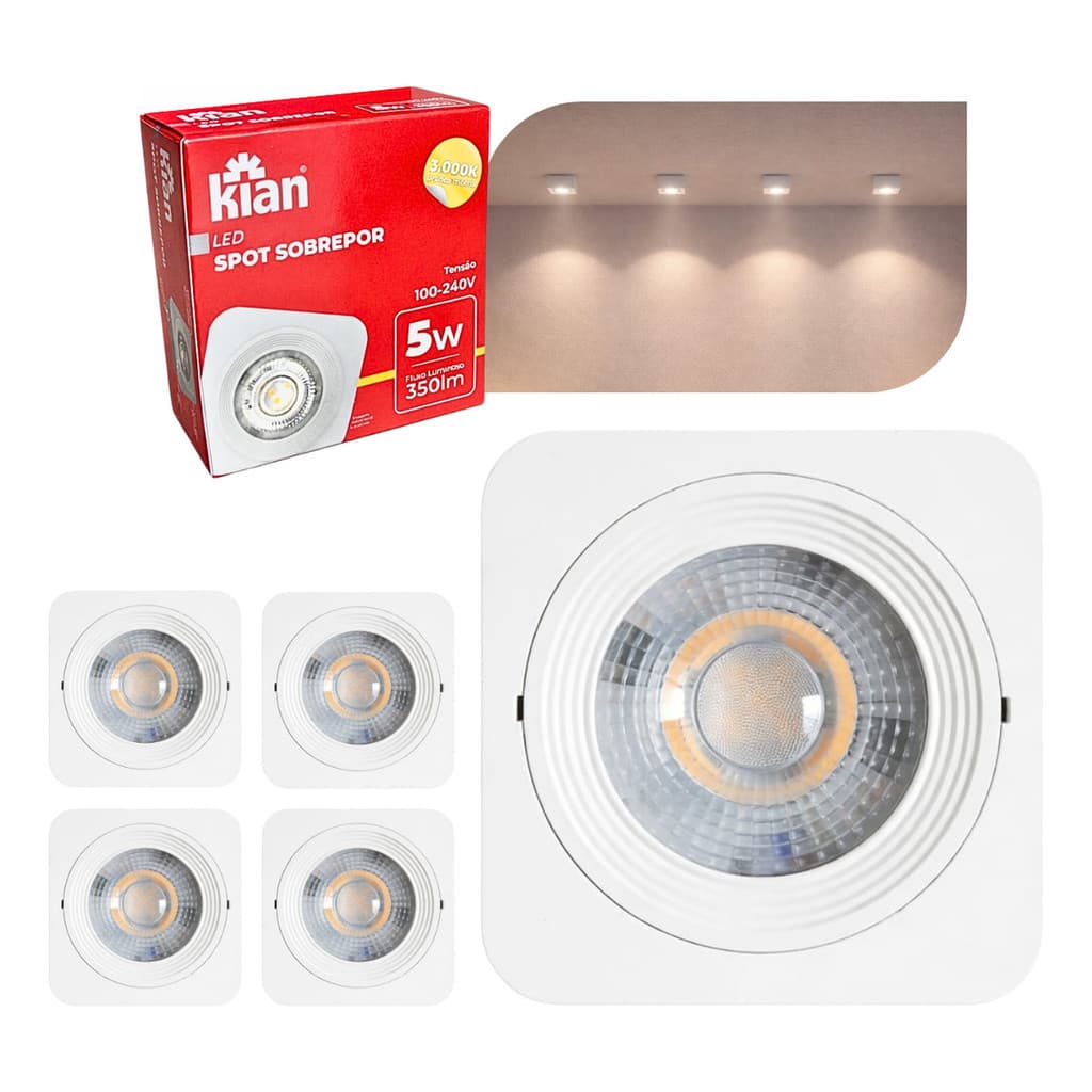 Kit 5 Spot Led Sobrepor Quadrado Branco 5w 3000k Kian Luz Quente