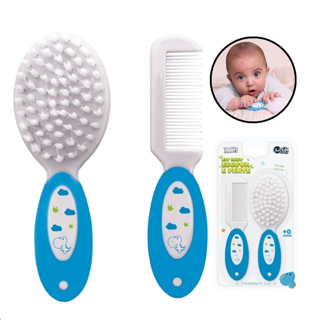 Kit  Escova e Pente para Bebê  AZUL LEX UNIK Infantil Cerdas Macias