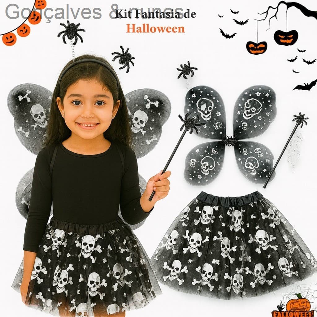 (V)Fantasia Infantil Halloween Caveira com Asas, Varinha e Saia 30cm – Kit PrataD4V0