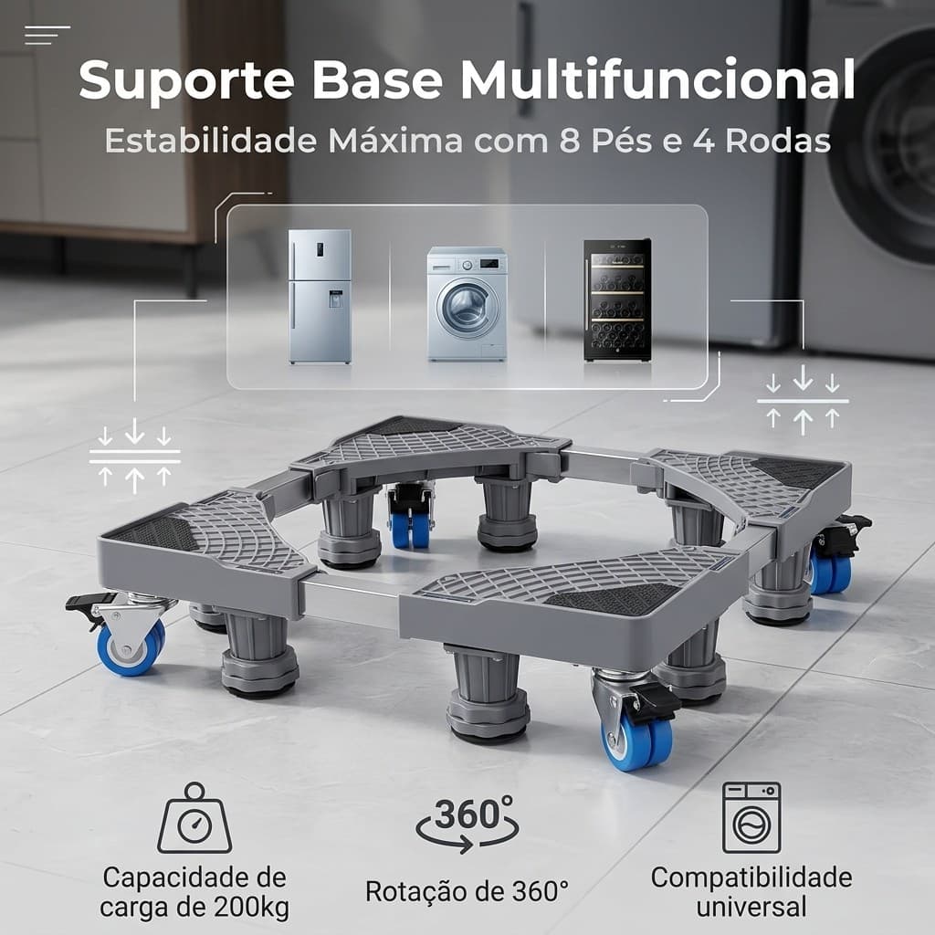 Suporte Para Geladeira / Maquina De Lavar E Fogão Inox Com Rodinhas Base  8 pes.