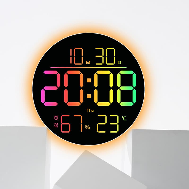 Relógio de parede multifuncional que muda de cor, decoração para casa, luz ambiente RGB, fonte grande, sala de estar