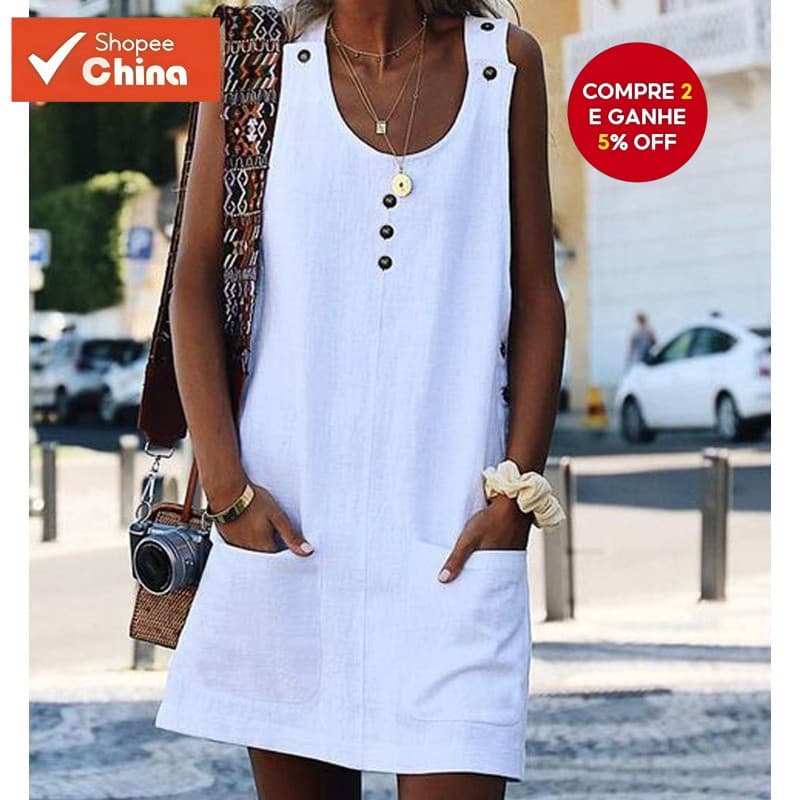 Vestido de Algodão de Manga Curta, Vestido Casual Solto para Mulheres, Cor Sólida Tamanho Plus AZJG