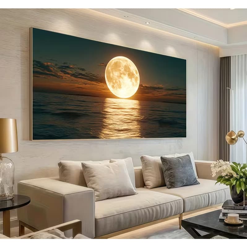 Quadro Decorativo Super  Lua Dourada Sobre o Mar Arte Moderna Vitral Noturna Para Sala e Quarto Hall