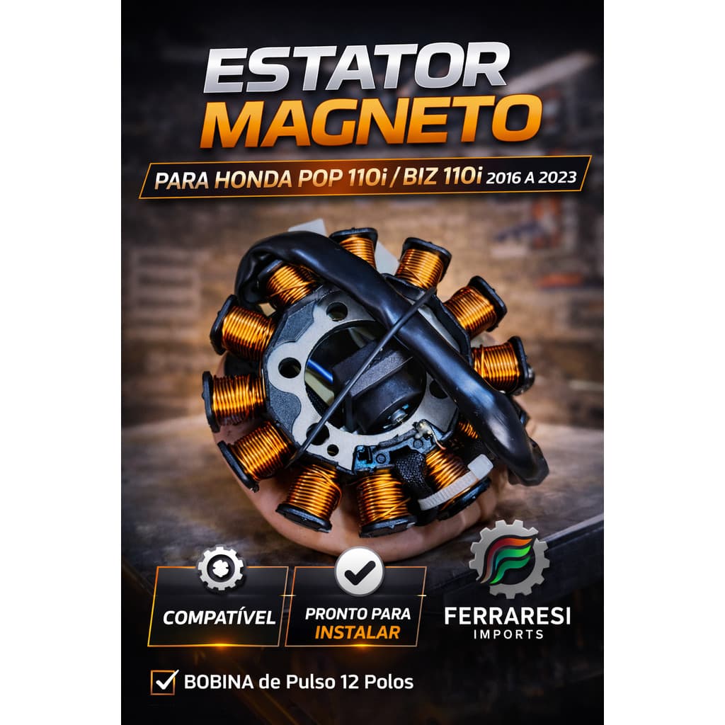 Estator Magneto Pop 110i e Biz 110i 2016-2023 Com Bobina de Pulso 12 Polos