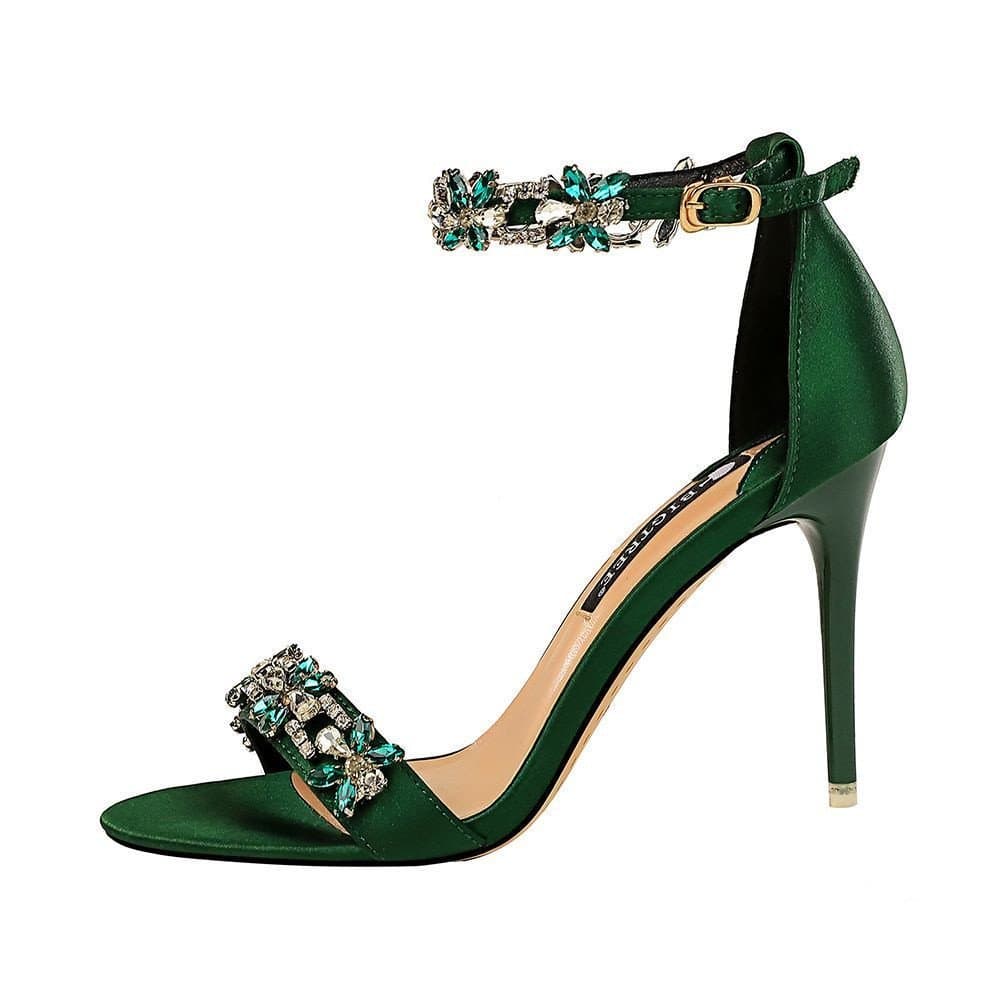 Flor Verde Diamante Salto Alto Cristal CRYSTAL Fivela De Sandálias Mulher Rhinestone