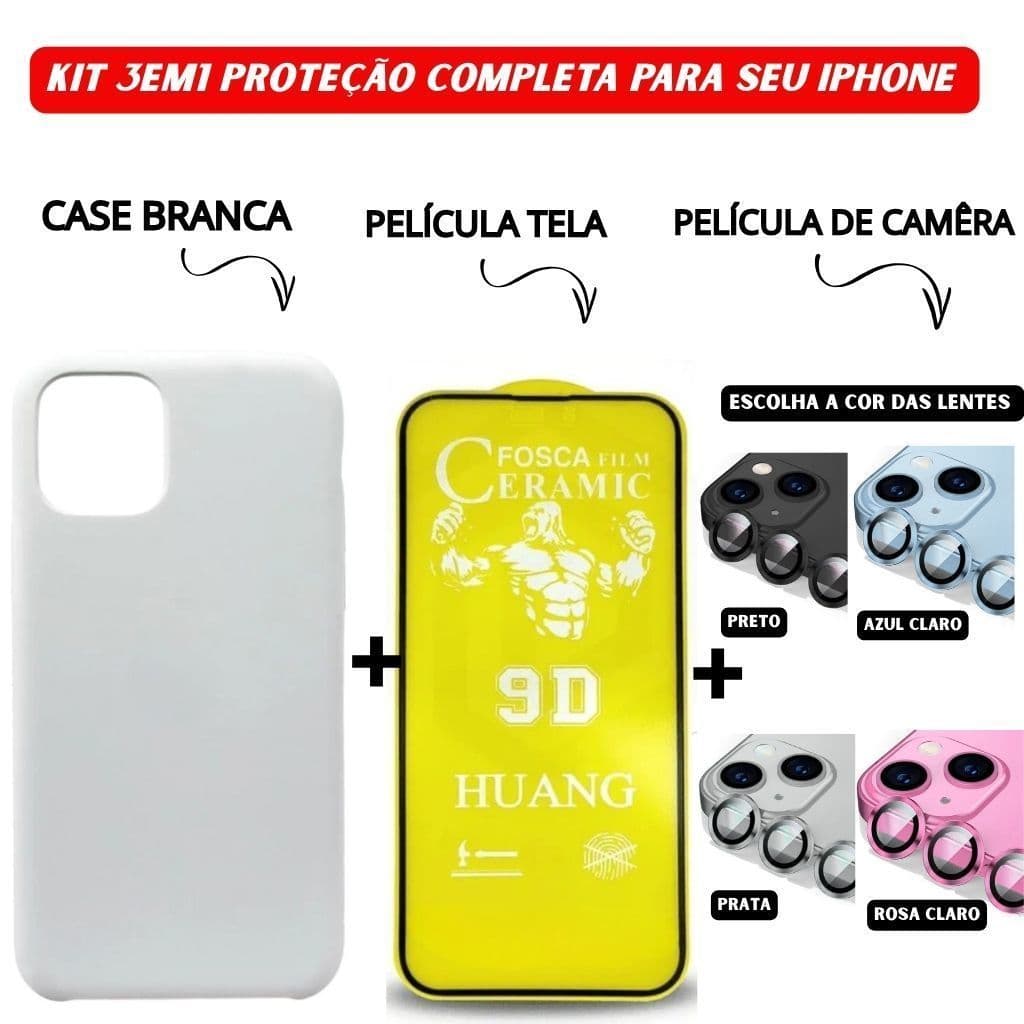 Kit Case Branco + Película Cerâmica Fosca + Película Câmera Colorida Para iPhone 11 12 13 14 15 16 Pro Max