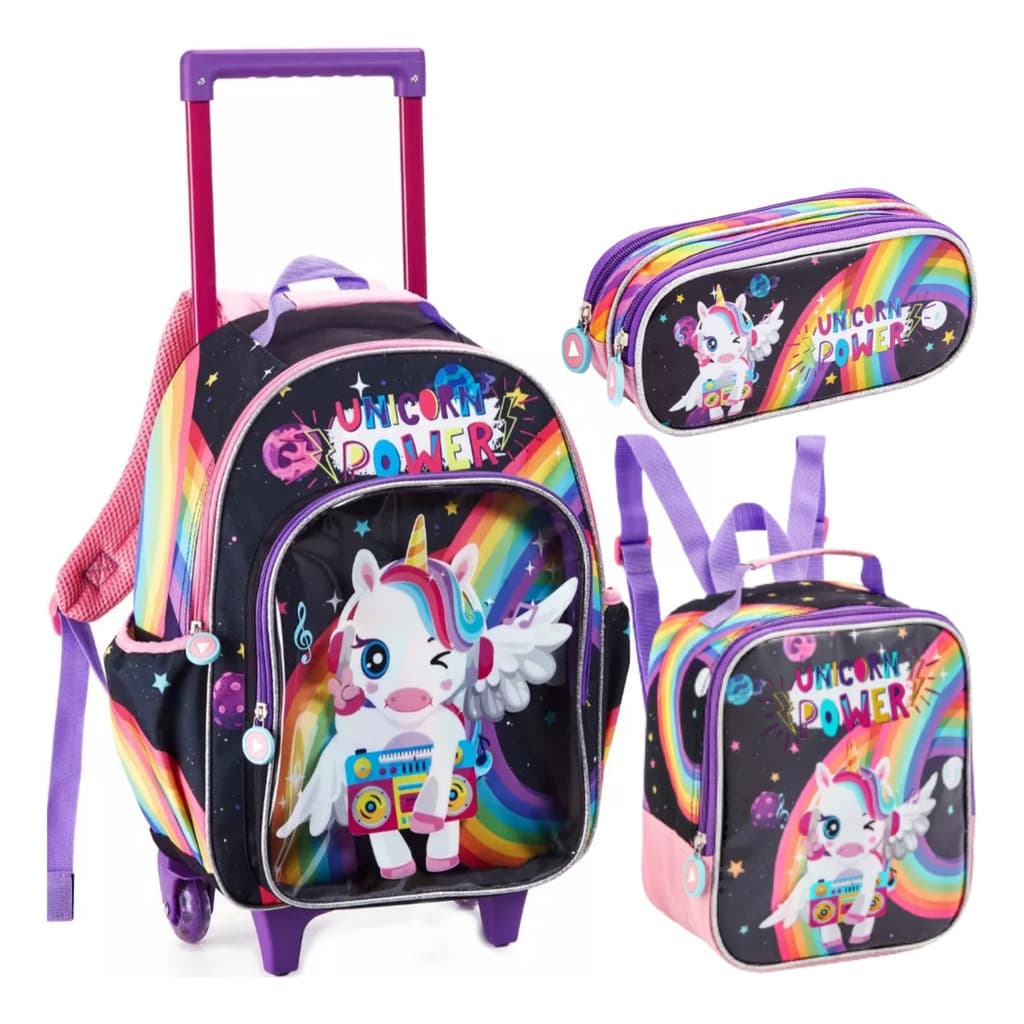 Kit Mochila Rodinha Lancheira Estojo Duplo Infantil Feminina Menina Escolar Power Unicórnio Poney