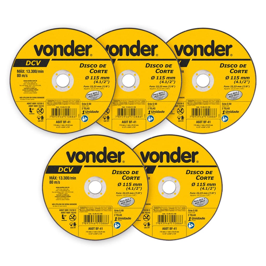 Kit 5 Disco De Corte 115mm X 1,0mm X 22,23mm Grão G60 Vonder