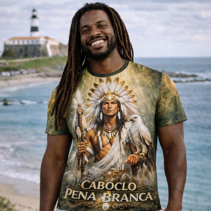 Camiseta Caboclo Pena Branca Estampada Umbanda Espiritual Premium Camisa Moda Afro-Brasileira Unissex