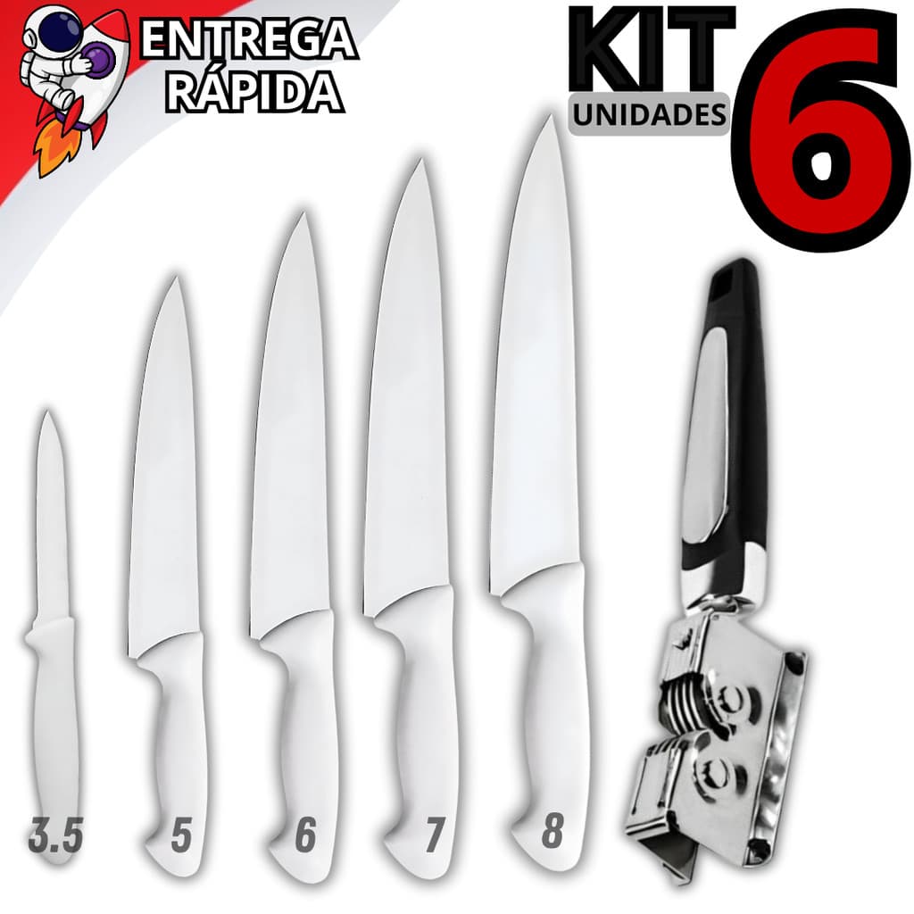 Kit 6 Facas Inox Profissional 3.5 a 8 com Amolador Corte Fino para Carne e Alimentos