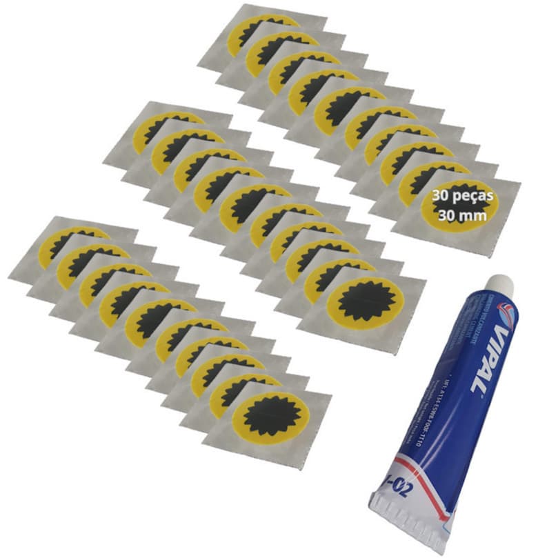 Kit 30 Remendos Moto Bicicleta Camara de Ar 1 Colas de Remendo Vipal 15g e 20 Remendos 30mm A Frio