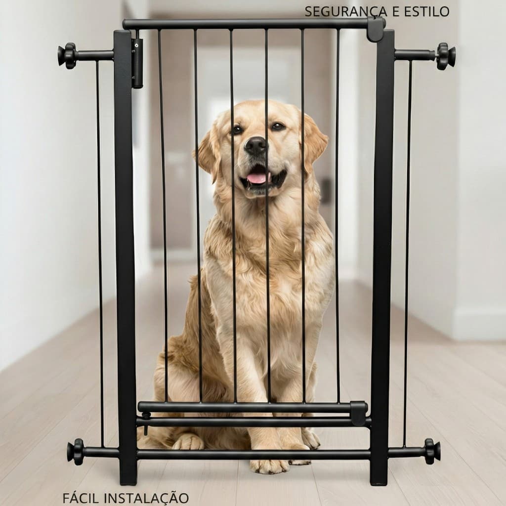 Portão Grade Segurança P/ Bebê Cachorro Pressão Regulável Medidas de 65 a 84cm - Branco e Preto