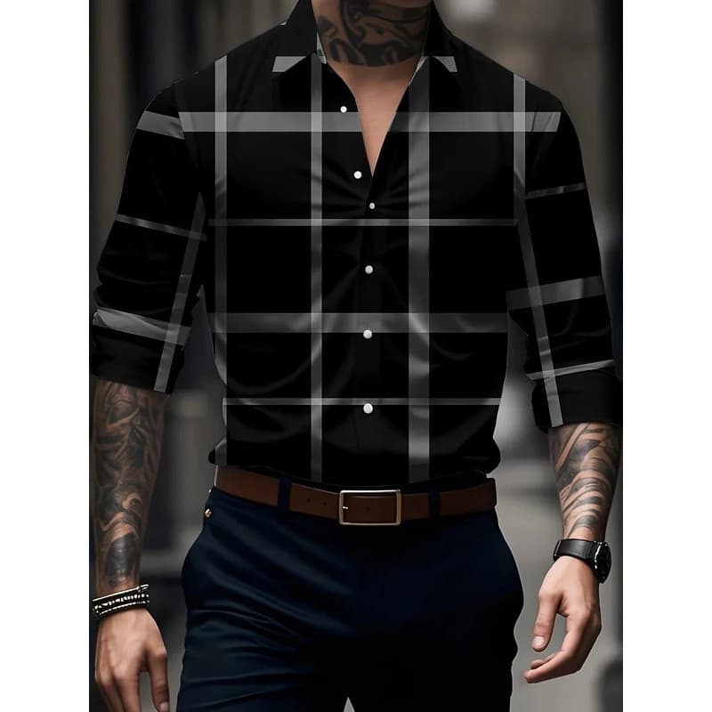 Camisa Masculina Estilosa com Estampa Xadrez de Manga Longa 2026, Casual, Slim Fit, Streetwear, Camisa Estilosa, Blusa C