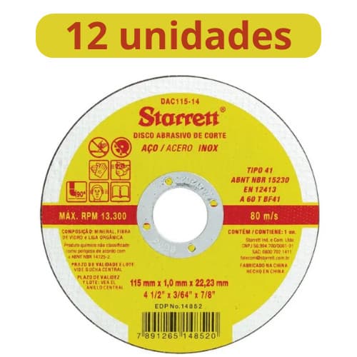 KIT COM 12 DISCO ABRASIVO DE CORTE STARRETT 115X1,0X22,23MM(4.1/2"X3/64"X7/8") DISCO STARRET INOX
