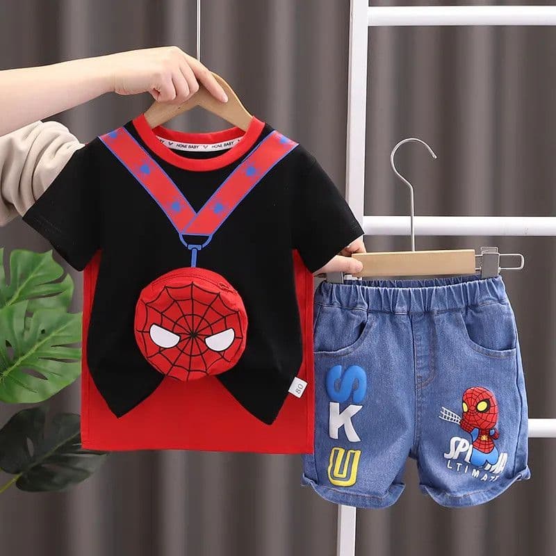 Novo estilo verão Spiderman menino roupas infantis de duas peças de manga curta terno dos desenhos animados