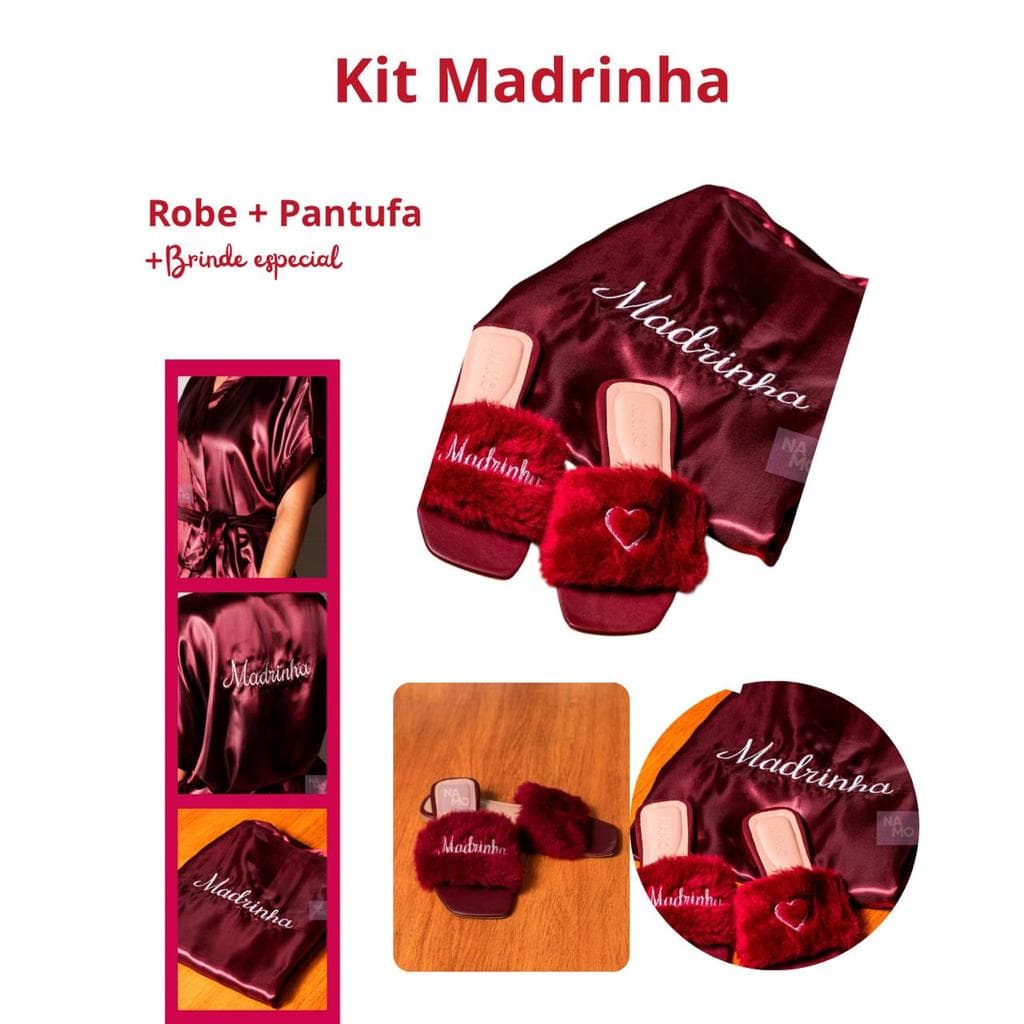 Kit Madrinha Robe Cetim Vinho + Pantufa Pelúcia Bordado Branco