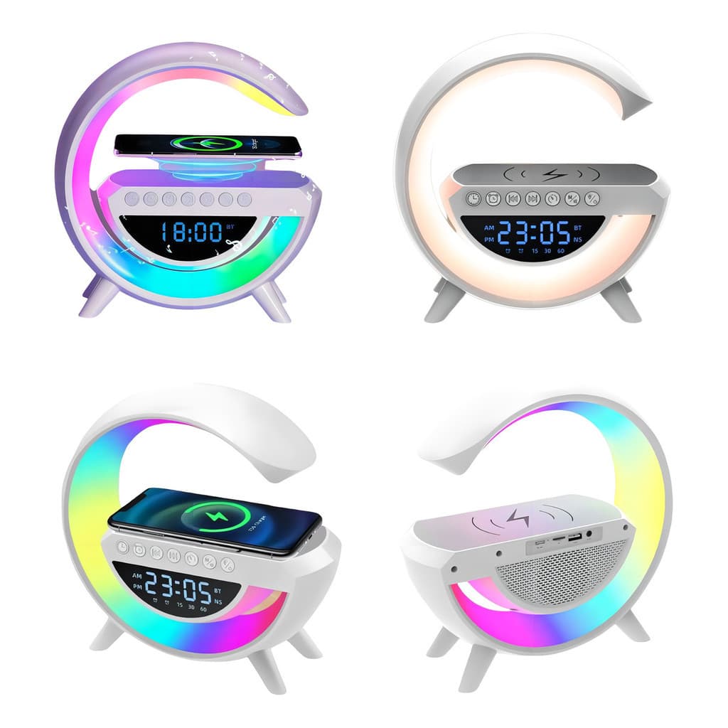 Carregador E Luminária Led Rgb Caixa De Som 3 Em Rádio Fm Com Carregador Por Indução Cor Branco E Despertador 127/220v