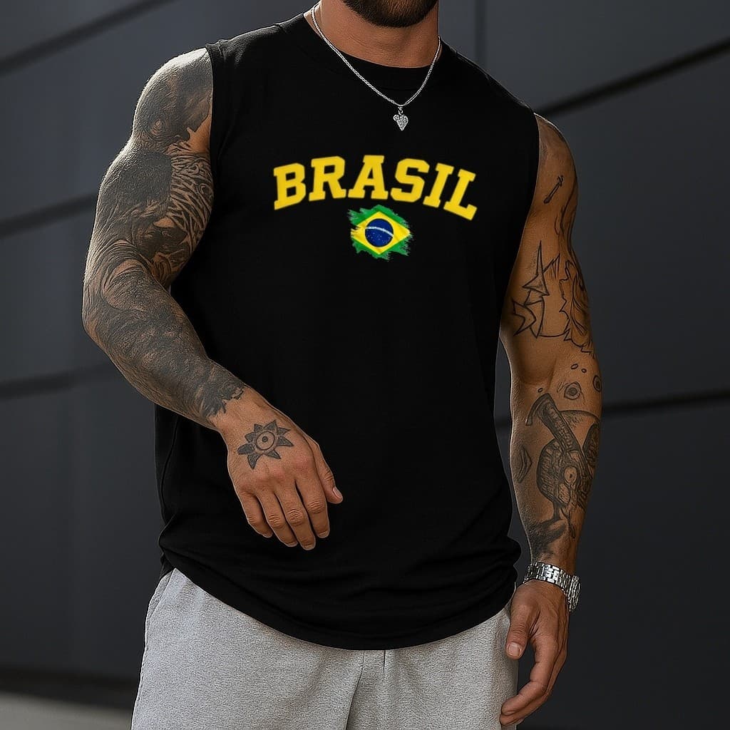 Regata Masculina Machão Brasil Academia Treino Camiseta Fitness Streetwear Verao Copa do mundo 100%