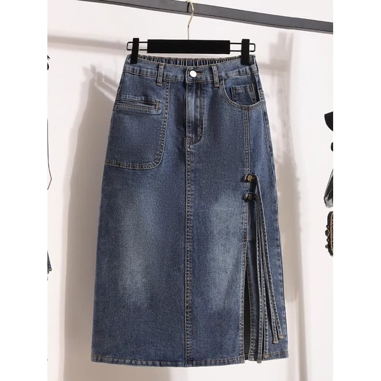 Verão estilo fino mais gordura plus Size saia jeans feminina comprimento médio gordura mm Design fenda elástica saia ret