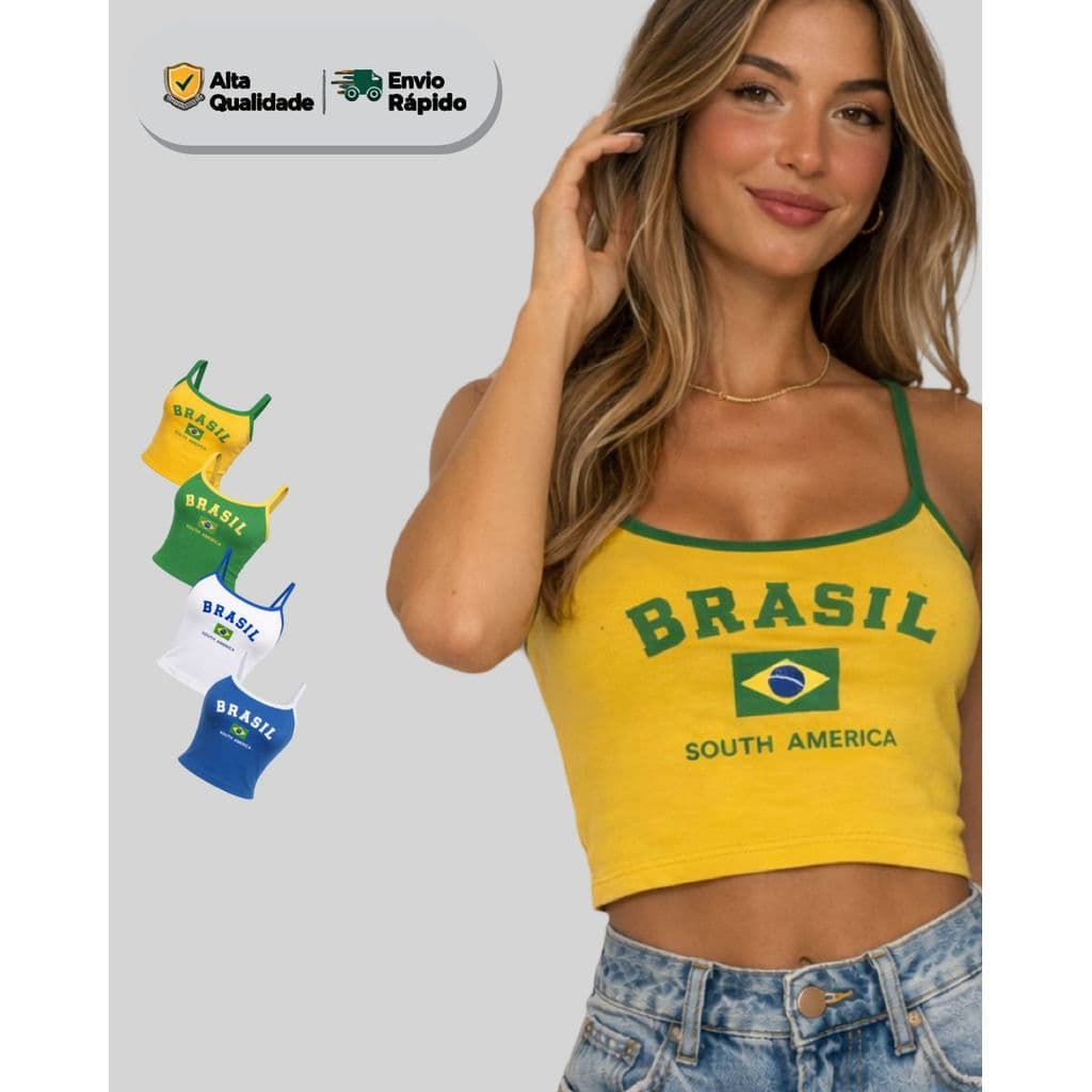 Regata de Alcinha Brasil Feminina Casual Confortável Copa do Mundo 2026 verde, amarelo, branco e azul do 36 ao 46