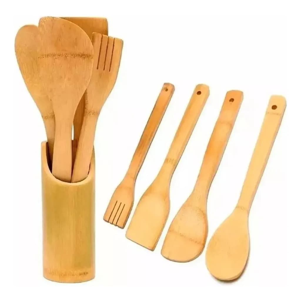 Kit Utensílios de Cozinha Bambu 5 Peças Colher Espátula Garfo com Suporte Organizador