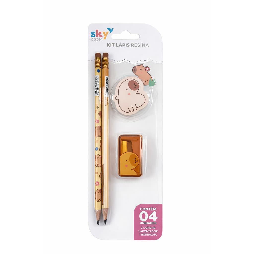 Kit Escolar 4 Peças Lápis HB + Borracha Resina + Apontador Infantil Cute