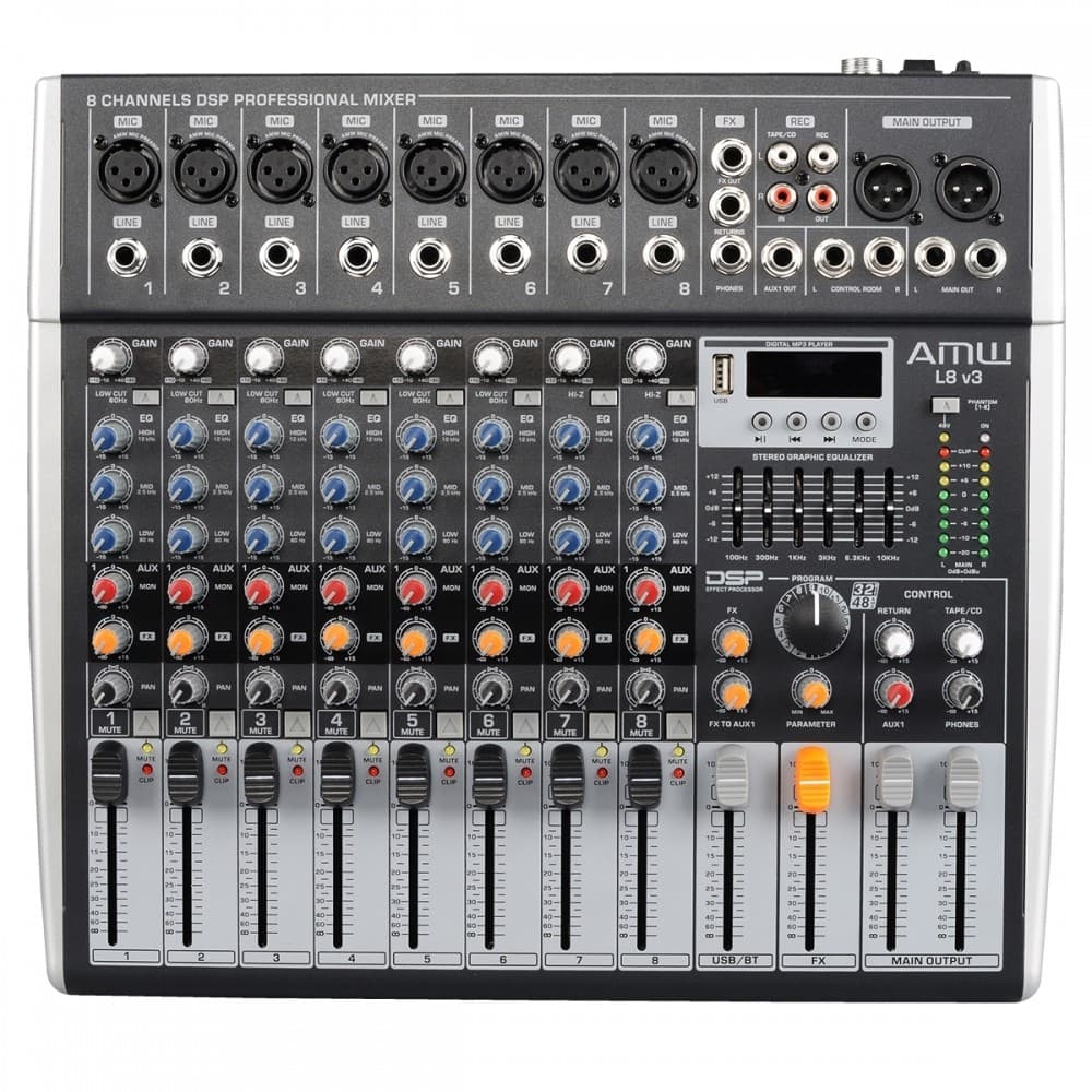 AMW L8 v3 - Mesa de Som 8 Canais Xlr Efx Bt Mp3 Rec Interface Usb