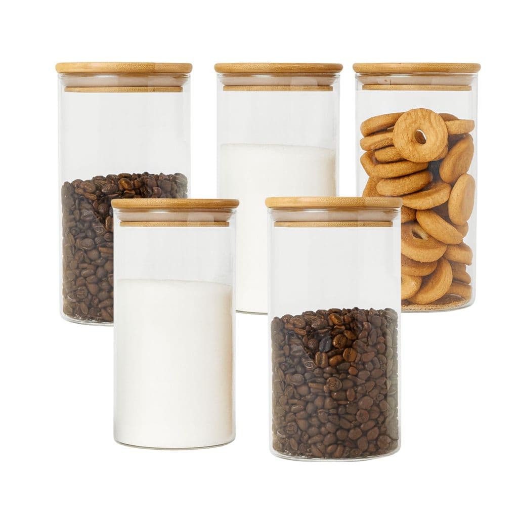 Kit 5 Pote Vidro Hermético 1,5L Tampa Bambu Para Café Açúcar Mantimentos