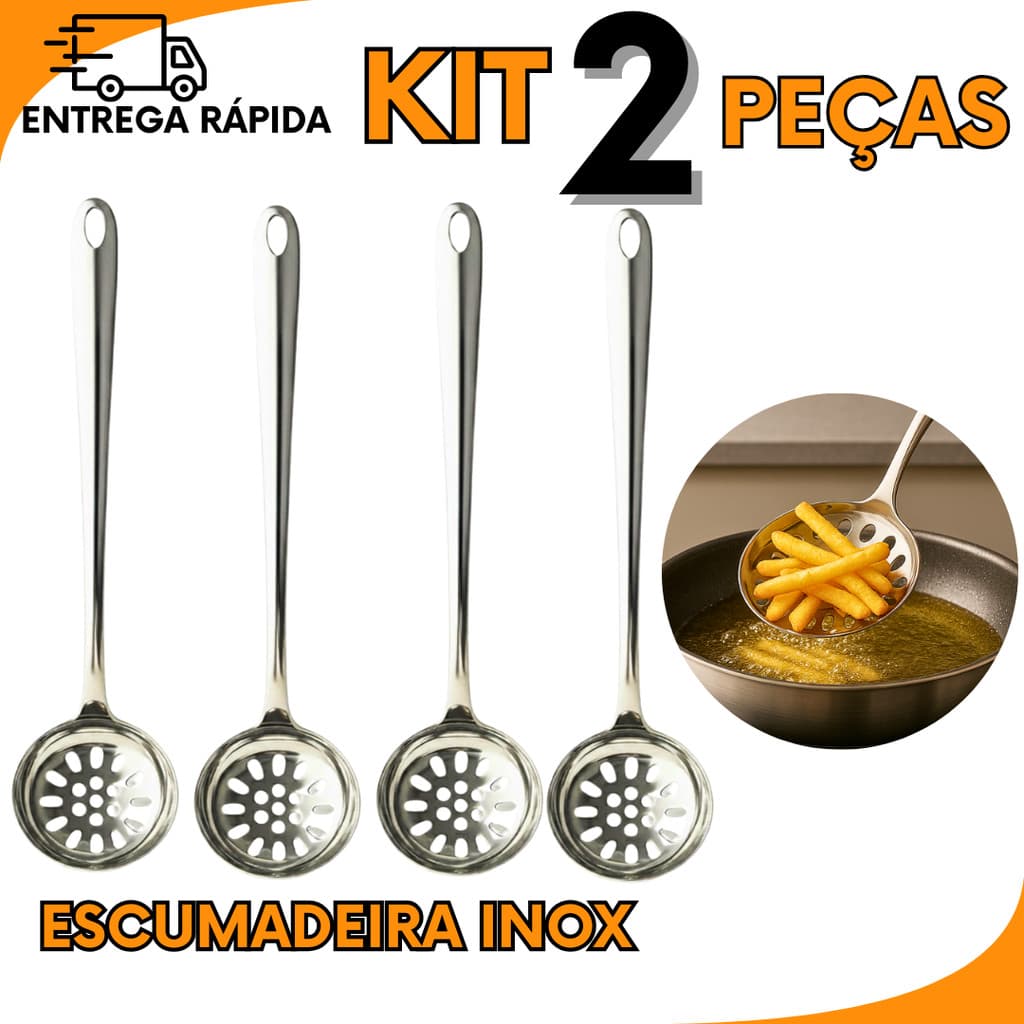 Kit 2 3 ou 1 Escumadeira Inox para Fritura Batata Pastel Utensilio Cozinha