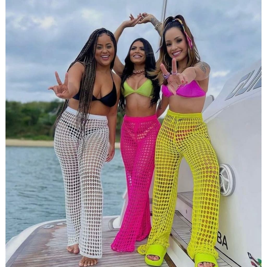 Calça Saída De Praia Trico Canga Flare Transparência Moda Verão Calça Sereia Tricot Banho