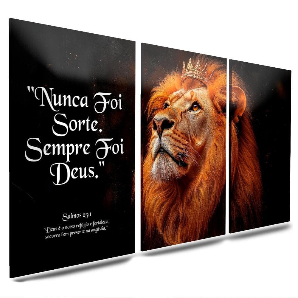 KIT QUADROS PARA SALA LEÃO COROA FRASES NUNCA FOI SORTE SEMPRE FOI DEUS