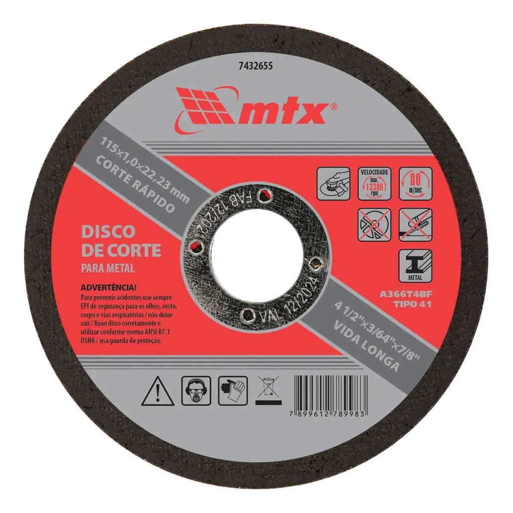 Disco De Corte Inox 115mm X 22,23mm 4 1/2  Corte Rápido Mtx Preto