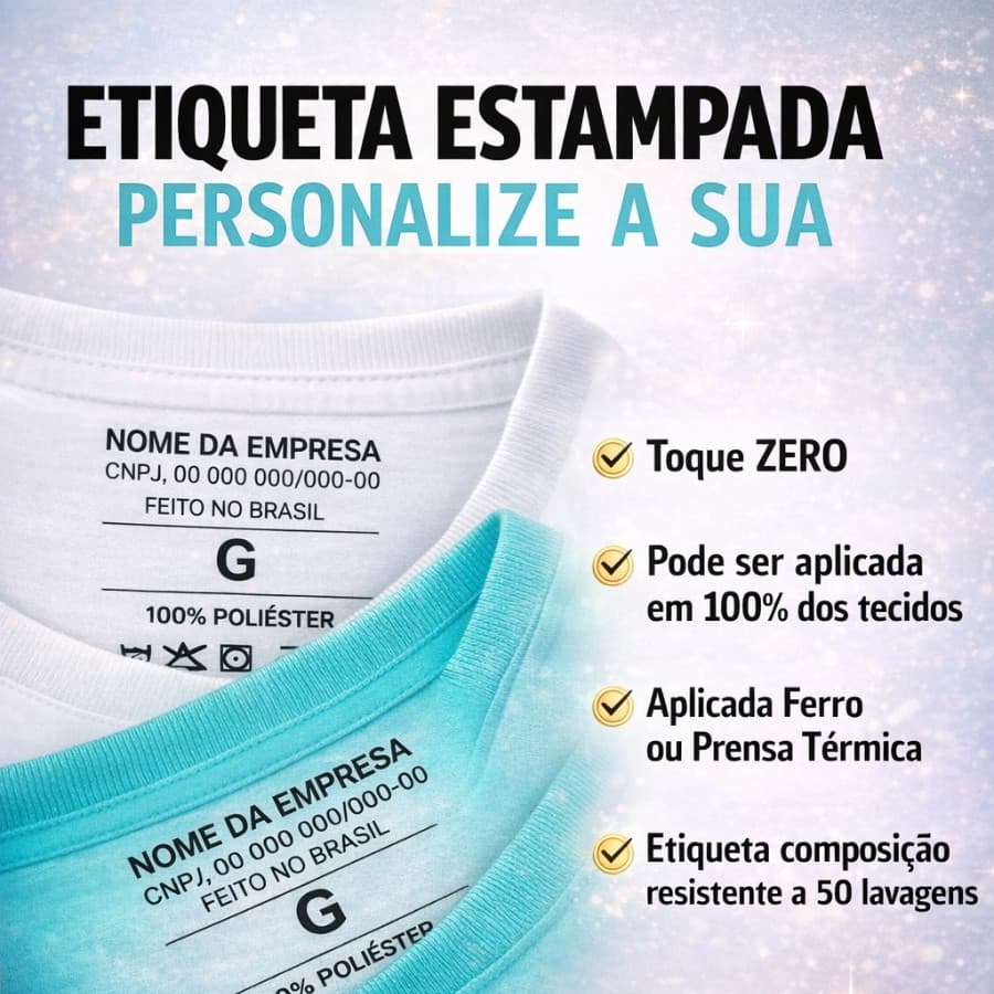 Etiqueta Interna DTF 4 a 5cm  Termocolante Personalizada para Roupa Sua Marca Logo Composição Confort Premium