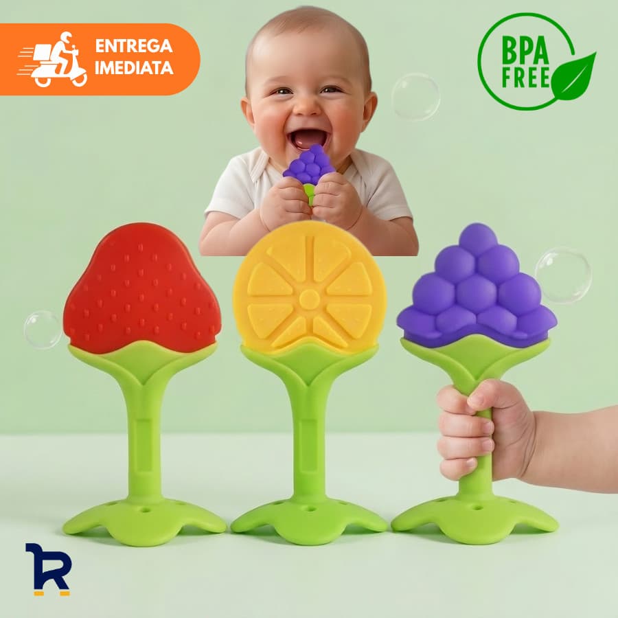 Mordedor Bebê Sensorial Frutinhas Silicone Macio Alivia Gengiva Dentição Brinquedo Dentes Textura