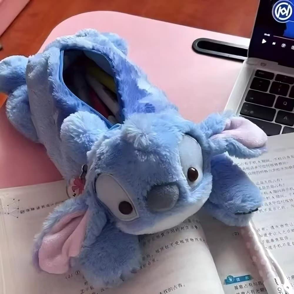 Estojo Pelúcia kawaii Personagem Azul Grande Capacidade Porta Lápis Infantil