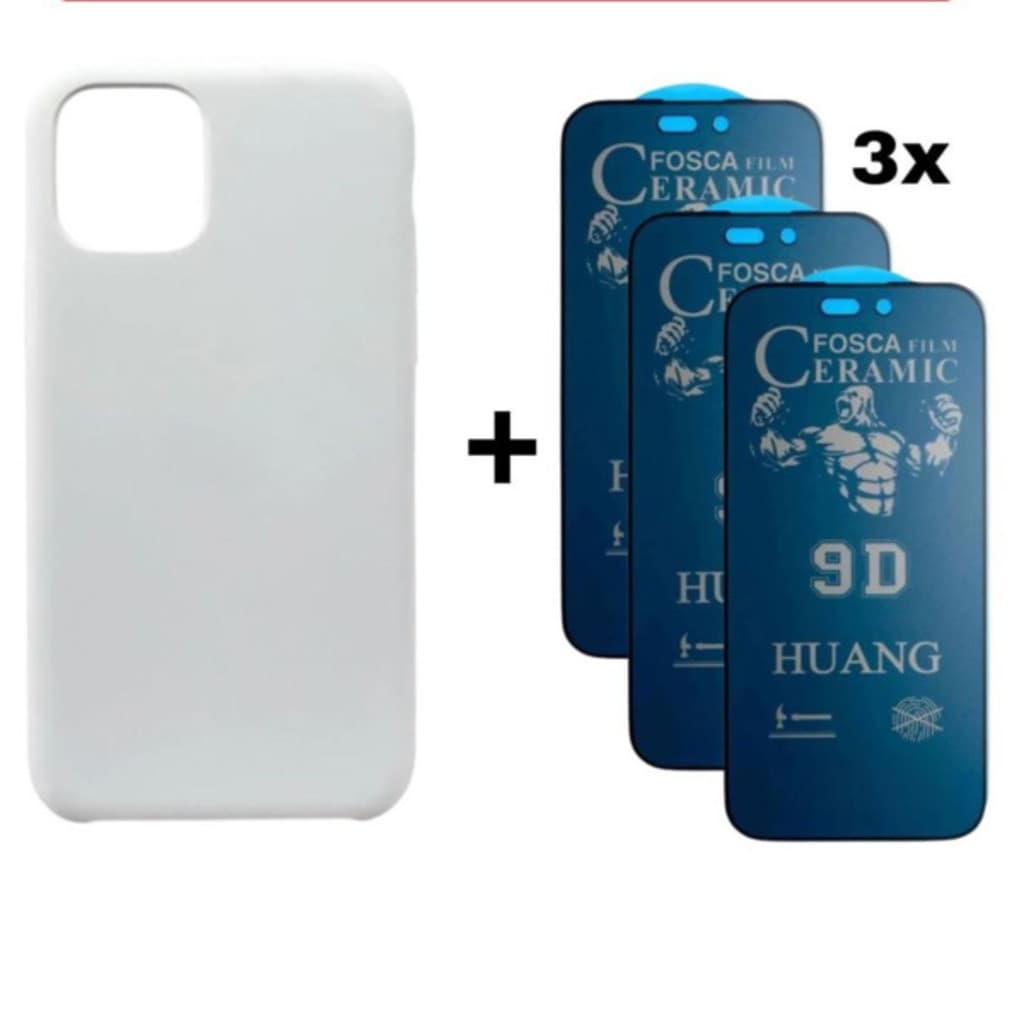 Kit 4em1 Case Branca + 3X Película Cerâmica Fosca Privacidade iPhone 11 12 13 14 15 16 Pro Max | Conecta Tech