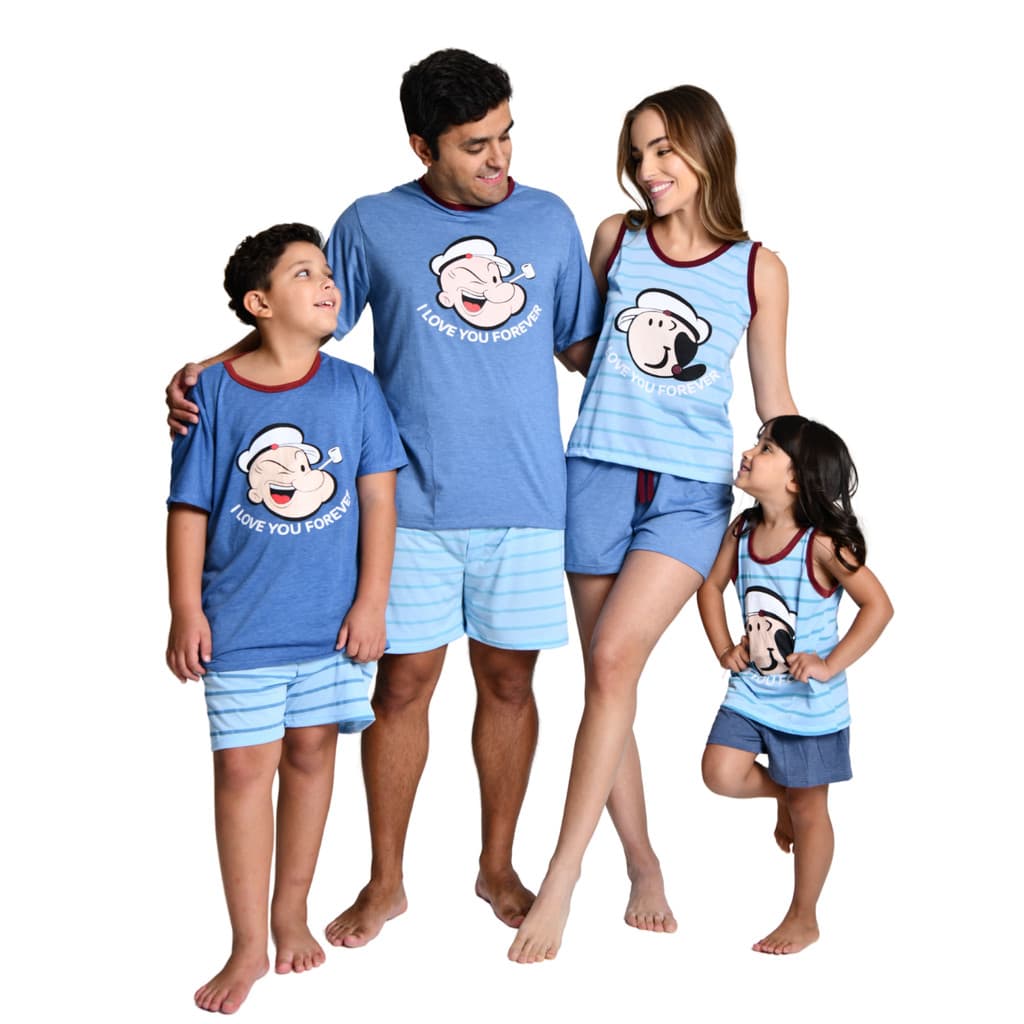 Kit Pijama Familia Olivia E Popaye Combinados Tal Pai Mae Filho Filha Curto Verão Monte no Carrinho