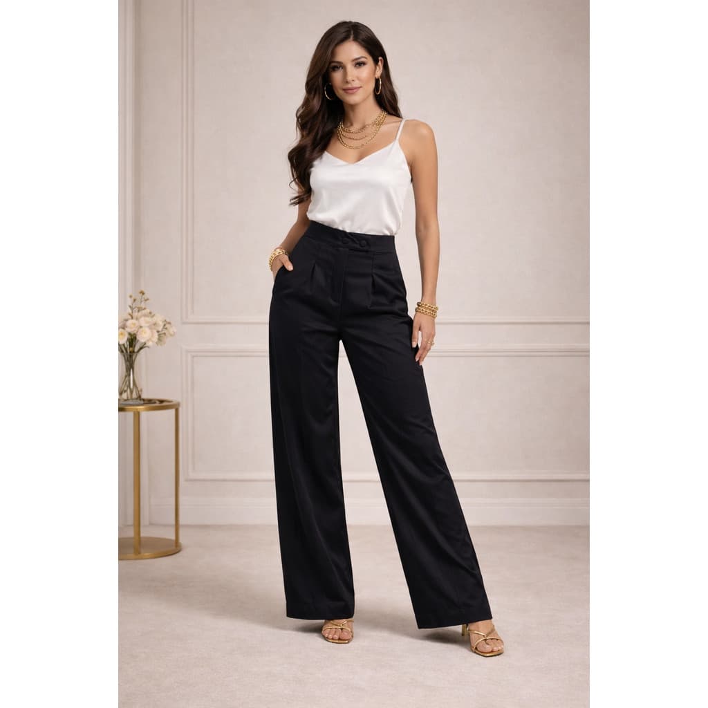 Calça Alfaitaria Pantalona Botões Ziper Cintura Alta Costura Prime