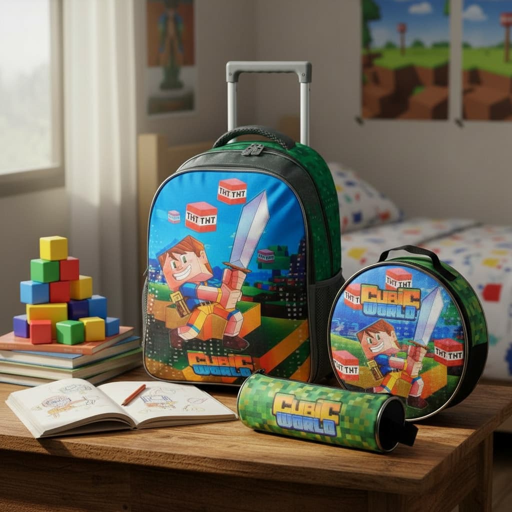 Kit Mochila Escolar Rodinha Jogos De Cubos Pixel Lancheira e Estojo Infantil