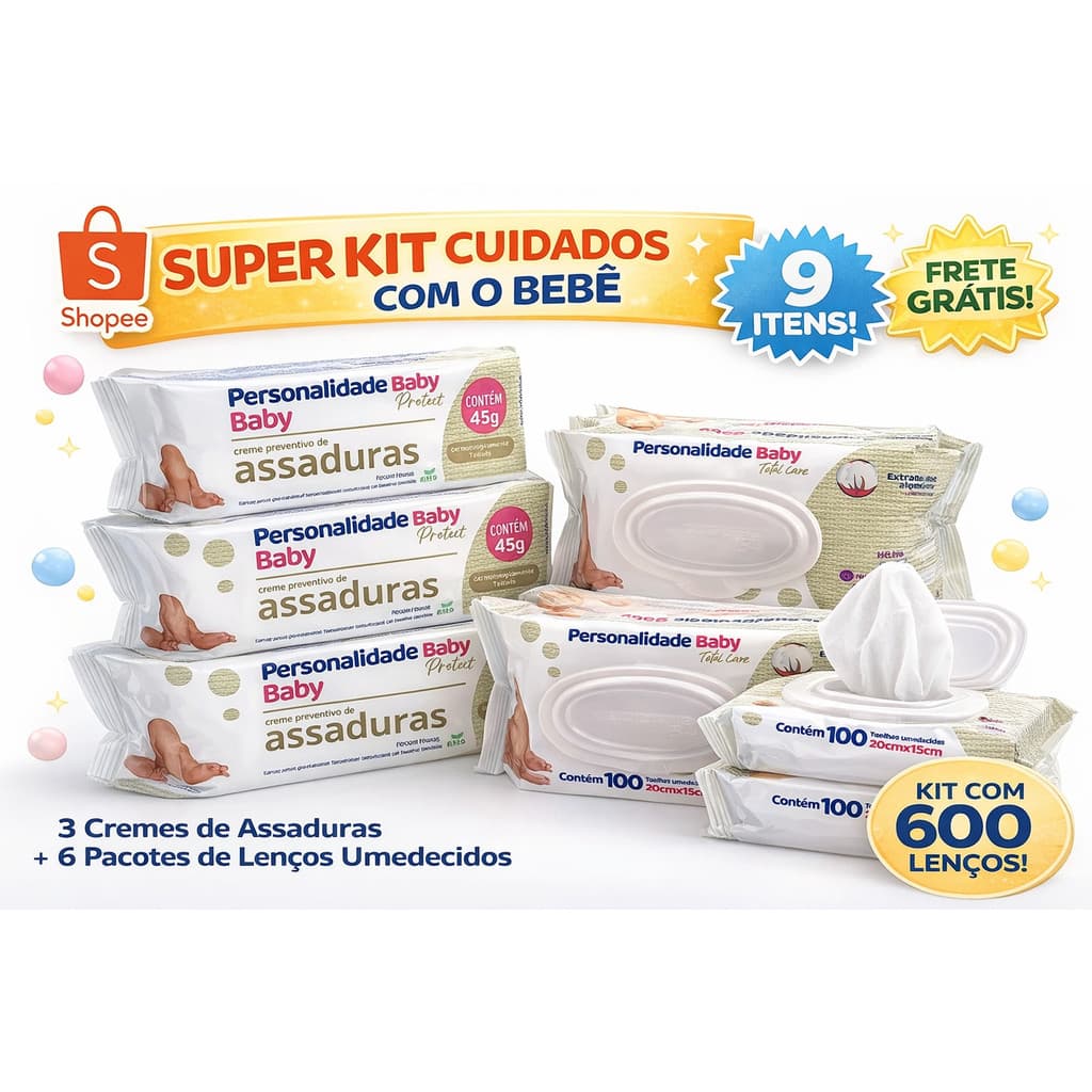 kit 600 Lenço Umedecido c/ 3 Creme Pomada Assadura Bebê Personalidade 6 Pcts Toalha Umedecida