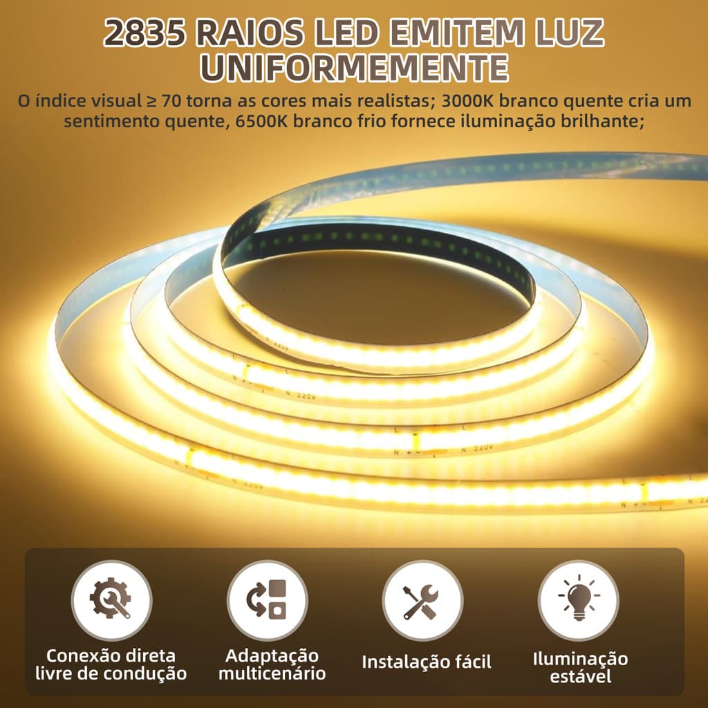 Fita Led 110v/220v Direta Na Energia 240leds/m Rolo 10m Branco Frio,/Branco Quente