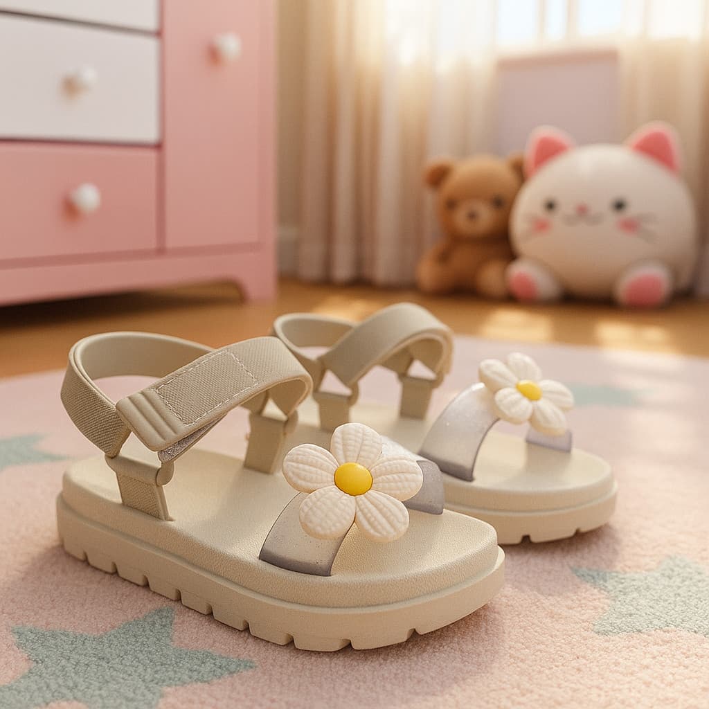 Sandália Infantil Menina Papete Velcro Flores Borboleta Feminina Criança Leve Confortável Antiderrapante