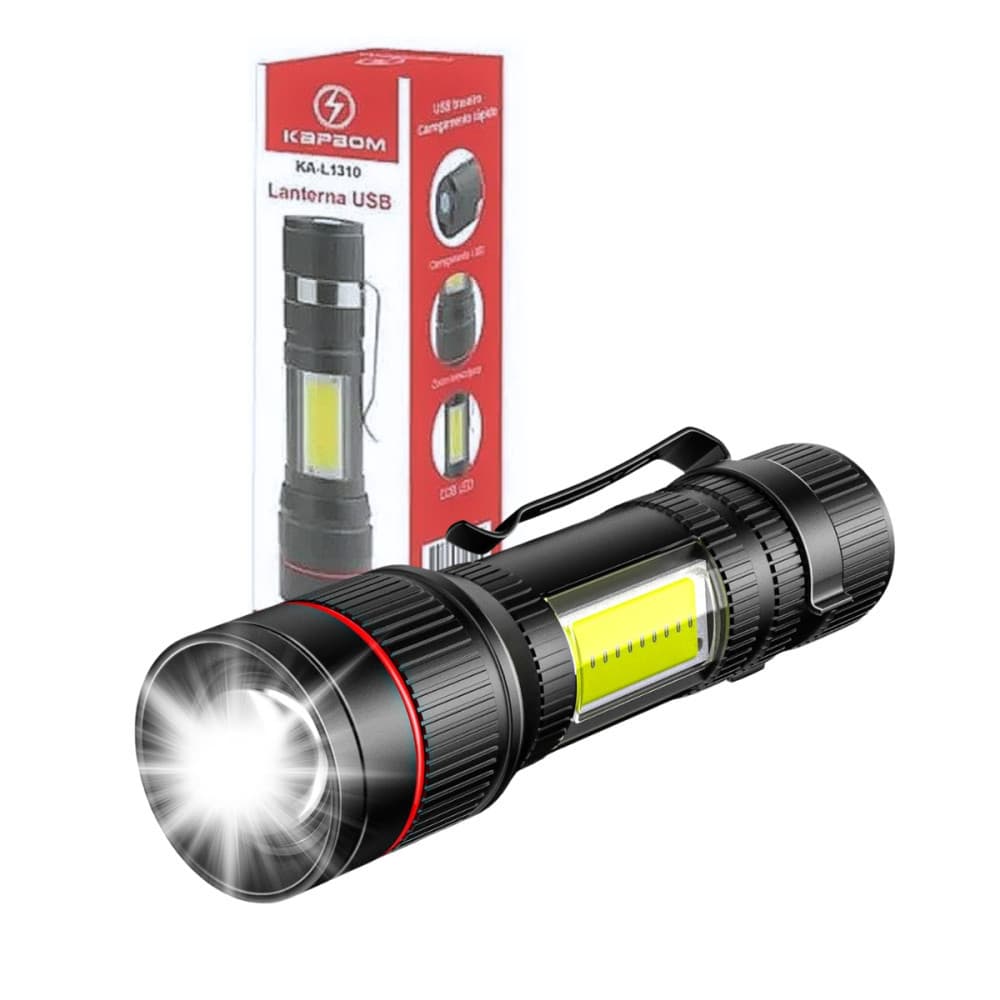 Lanterna Mini Tática LED Recarregável com Zoom USB Luz Forte Kapbom KA-L1310 Portátil Alumínio