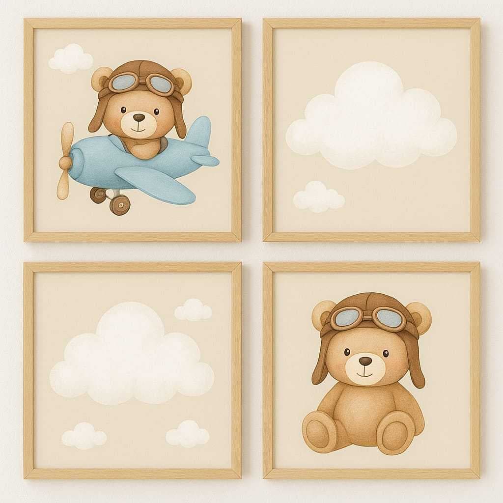 QUADRO DECORATIVO 4 PEÇAS URSO AVIADOR NUVEM