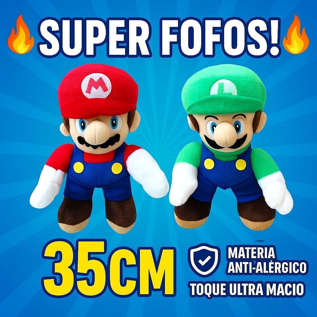 35CM Pelúcia Mario e Luigi Super Mario Bros Antialérgica Presente Menino Menina Brinquedo Urso