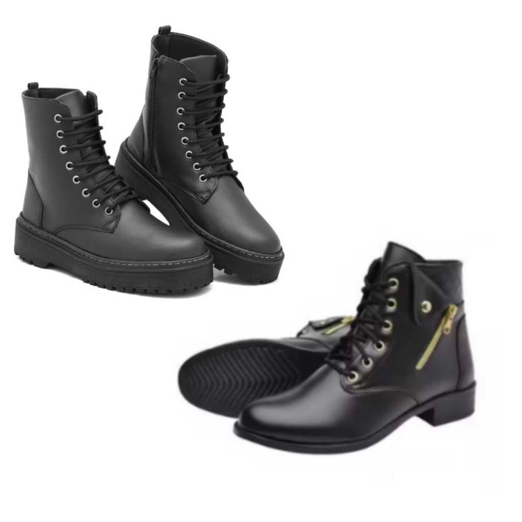 Kit Feminino Coturno Botinha Cano Curto com zíper fake Preta + Coturno com cadarço sem Bag Preto