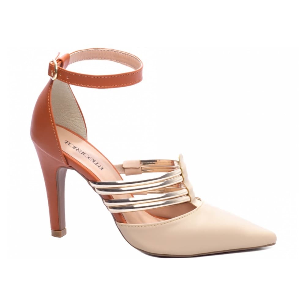 Sapato Scarpin Salto Alto Ajuste Fivela Bico Fino Bege/marrom