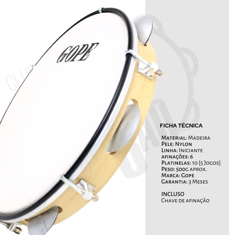 Pandeiro Gope Original 10" Madeira Pele Nylon Leitosa Iniciante Estudo Samba Pagode