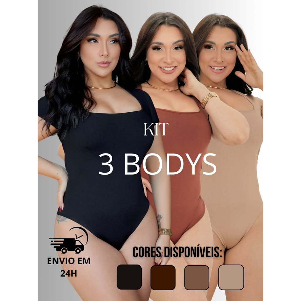 Kit 3 Body Collant Feminino Manga Curta Suplex Premium Decote Quadrado Básico/Forro Duplo/Moda Verão/Tendência