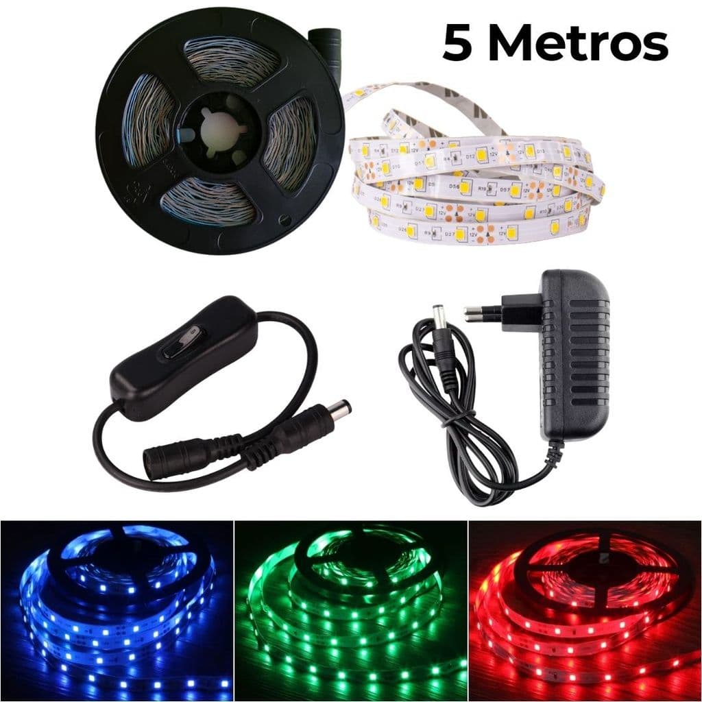 Fita LED + Interruptor ON/OFF + Fonte Bivolt | 300 LEDs 5M Adesiva Cores Azul Verde Vermelho